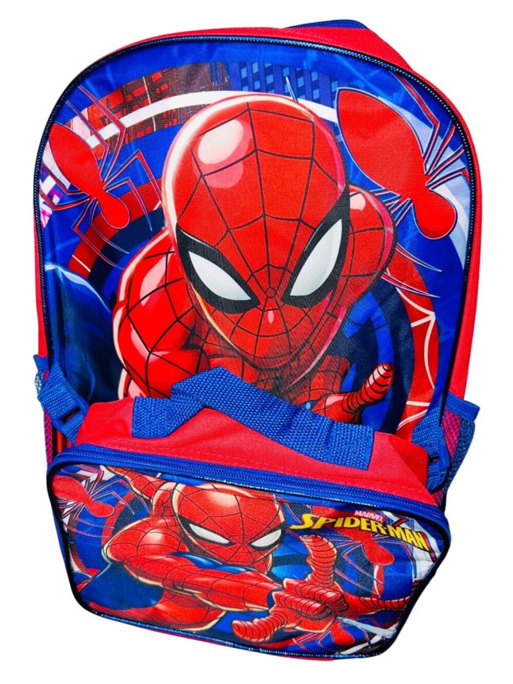 New! Marvel SpiderMan Backpack With Exterior Lunch Compartment - Red & Blue Desi